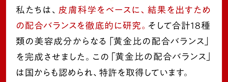 私たちは、皮膚科学をベースに、結果を出すための配合バランスを徹底的に研究。そして合計18種類の美容成分からなる「黄金比の配合バランス」を完成させました。この「黄金の配合バランス」は国からも認められ、特許を取得しています。