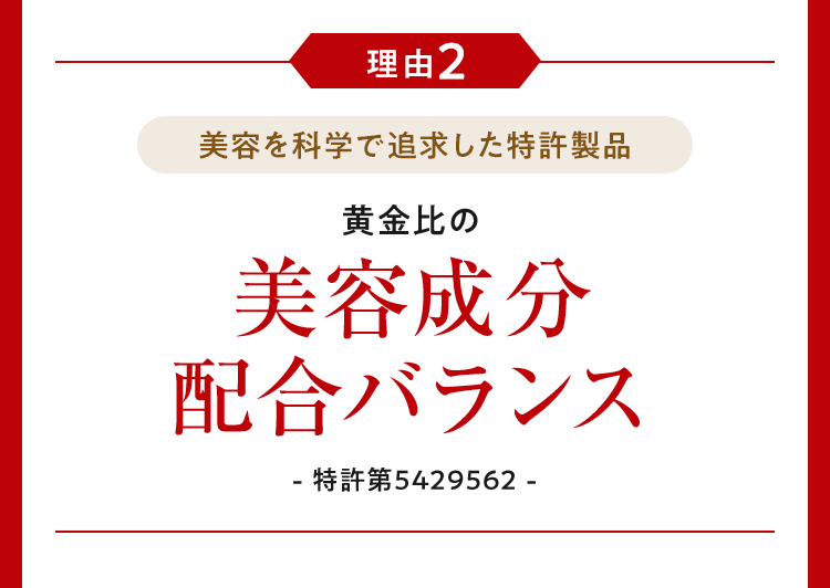 理由2 美容を科学で追及した特許製品 黄金比の美容成分配合バランス